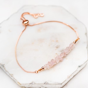 Rose Quartz Bracelet, Pink Gemstone Bracelet, Gift for Her, Rose Gold Jewelry with Raw Gemstone