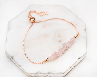 Rose Quartz Bracelet, Pink Gemstone Bracelet, Gift for Her, Rose Gold Jewelry with Raw Gemstone