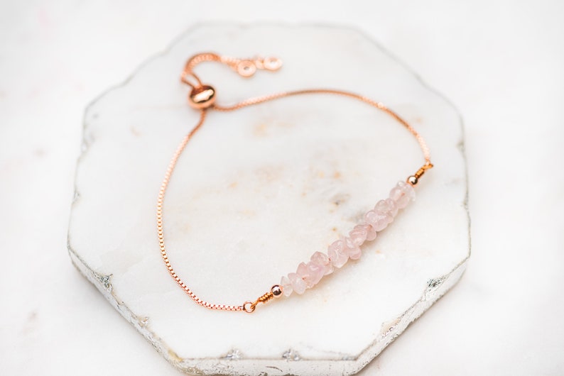 Rose Quartz Bracelet, Pink Gemstone Bracelet, Gift for Her, Rose Gold Jewelry with Raw Gemstone image 1