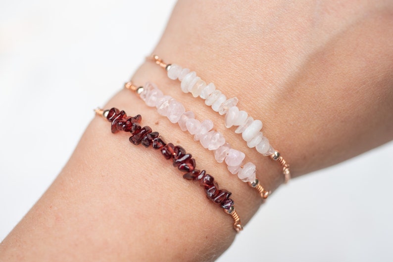 Rose Quartz Bracelet, Pink Gemstone Bracelet, Gift for Her, Rose Gold Jewelry with Raw Gemstone image 7