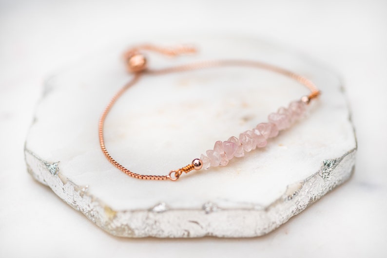 Rose Quartz Bracelet, Pink Gemstone Bracelet, Gift for Her, Rose Gold Jewelry with Raw Gemstone image 6