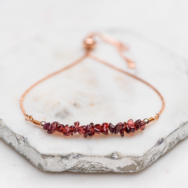 Garnet Bracelet, Raw Gemstone Adjustable Bracelet, Red and Rose Gold, January Birthstone, Gift for Friend, Modern Jewelry