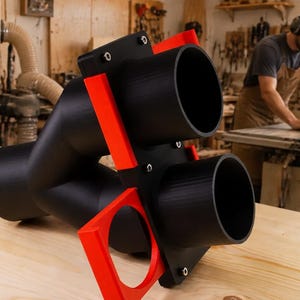 May include: A black Y-shaped dust collection adapter featuring two cylindrical ports and a bright red mounting bracket. The component is constructed with a matte finish and secured with visible metal screws, designed for industrial woodworking machinery.