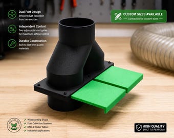 Custom Size 2-Port Y Splitter with Festool Green Blast Gates for Woodworking Dust Collection, Up to 6 inch