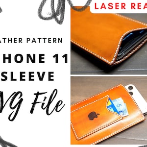 Könnte beinhalten: Eine braune Lederhülle für das iPhone 11 mit weißen Nähten. Die Hülle hat ein Fach für Karten und der Text "LASER READY" ist oben rechts sichtbar.