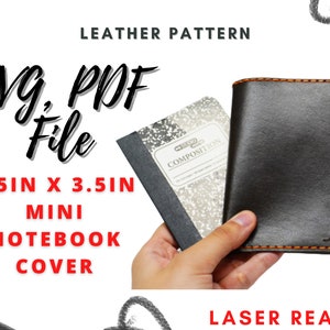 May include: A black leather notebook cover with orange stitching and the letter "A" embossed on the front. The cover is 4.5 inches by 3.5 inches and is laser ready. The image also shows a composition notebook.