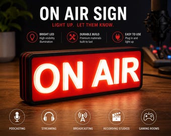 ON AIR LED pop out lightbox,  raised text font usb powered logo led sign, vlogs, podcasts, studio decor, gift signs, accessories, influencer