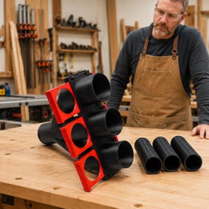Peut inclure: Un collecteur de poussière en plastique noir doté de trois ports circulaires avec des cadres de montage carrés rouge vif, accompagné de trois segments de tuyau ondulé noir, conçu pour les systèmes d'aspiration d'atelier.