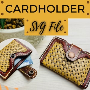 May include: A brown leather card holder with a woven pattern and a flap closure. The card holder has a snap closure and a stitched edge.