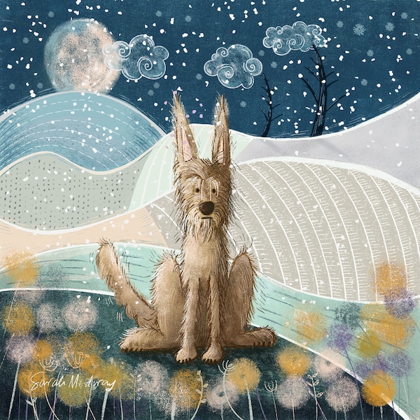 Winter moonlight walk with my dog - seasonal Christmas card