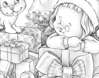 Waiting For Santa - Christmas adult coloring page Grayscale animal cat dog bunny kid Christmas tree gifts midnight scenery digital download