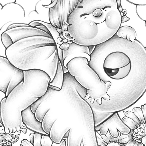 Thumbelina - Children coloring page pdf for grown up - Grayscale coloring page for adults and kids - coloriage art fairy tale bird flowers