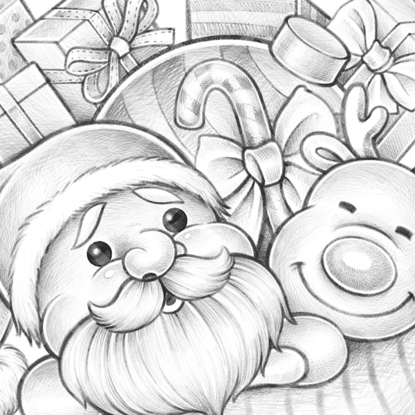 Christmas Stocking - Grayscale Christmas coloring book page for adult and kid - Printable sheet PDF Santa reindeer candy cane gift ball sock