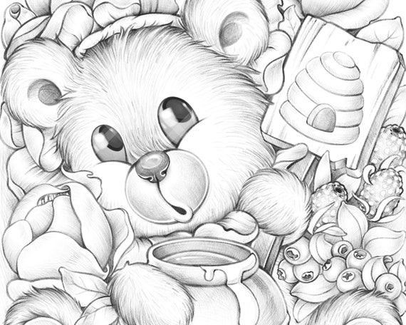 Blossom Disguise - Cute coloring page for adults and kids - Flower bear  honey bee Printable grayscale coloring book page PDF digital graphic