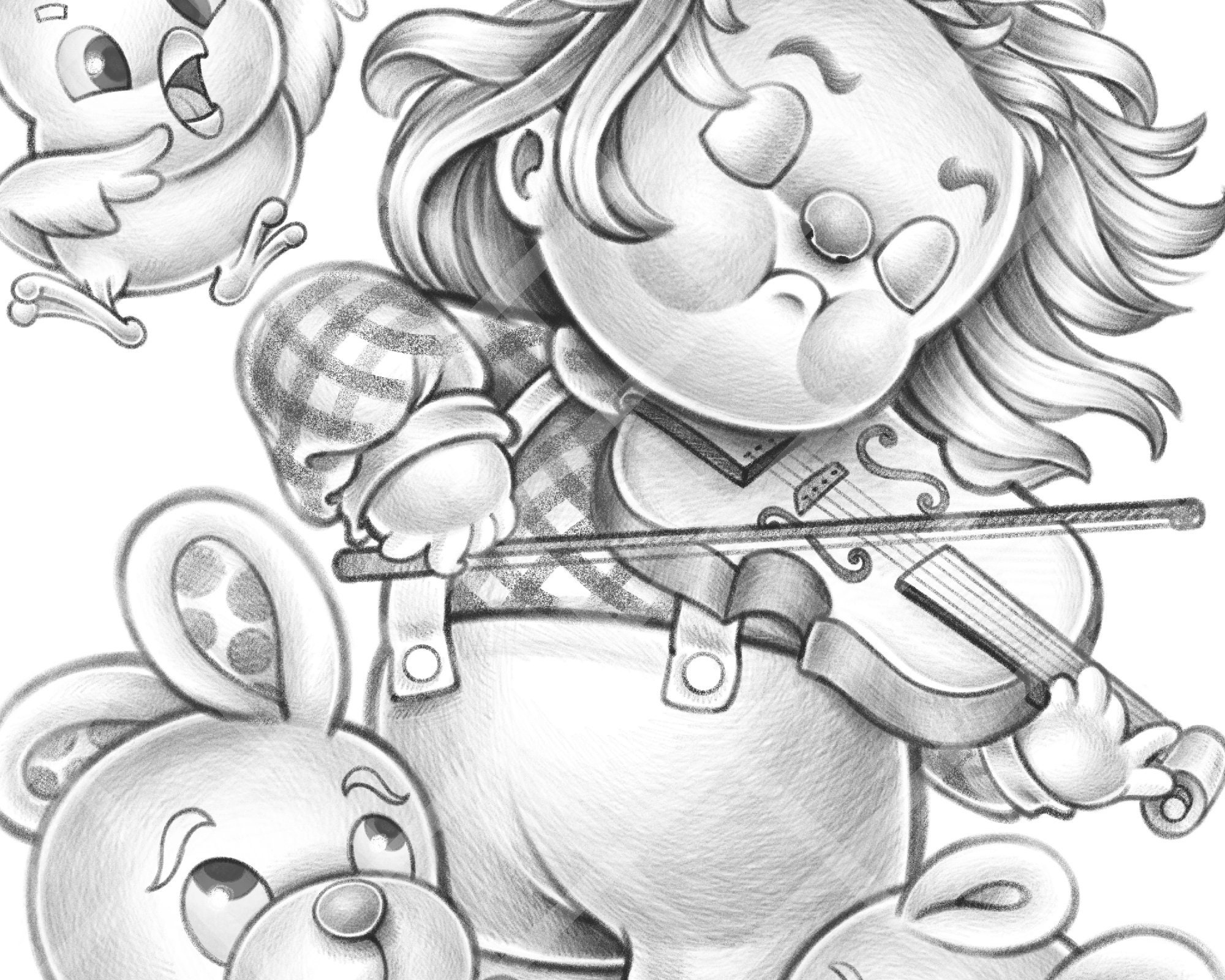Lovely Symphony - Scenery coloring page for adults and kids printable Cute grayscale postcard animal bunny bird instrument violin cello drum