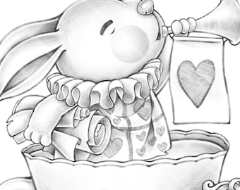 Alice's Adventures in Wonderland  - Printable Adult coloring page - bunny rabbit tea party - Cute coloring page for kids grayscale download