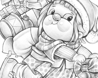 Little Santa - Grayscale Christmas coloring book page  Little girl scooter gifts bag happy winter colouring page for adults digital cute pdf
