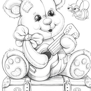 Bear My Tunes - Page de coloriage pour enfants adultes - Page de coloriage mignonne - Téléchargement instantané, imprimable, JPG - Carte postale à colorier en niveaux de gris Téléchargement PDF