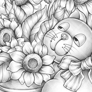 Seltsame Freundschaft - Graustufen Malseite zum Ausdrucken - Erwachsene Malbuch Seite Sonnenblume Blumenstrauß Topf Eimer Katze Vogel PDF sofortiger download