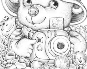 Photographie- Page de coloriage mignonne - PDF en niveaux de gris - Page de coloriage téléchargeable pour adultes enfants ours grenouille fleur caméra coccinelle illustration