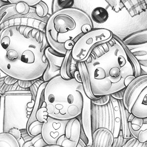 Grimms Märchen - Malseite für Erwachsene - Ausmalbild für Kinder - Graustufen Postkarte PDF zum Ausdrucken Spielzeug Teddybär Pinguin Hase schlafen