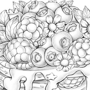 Crêpes - Coloriage mignon imprimable pour adulte et enfant - Fleurs fraise mûre cerise gâteau vintage PDF JPG téléchargement imprimable