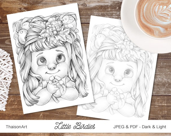 Little Birdies Cute Little Girl Grayscale Coloring Page for