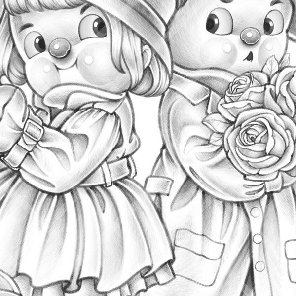 Lovely Day - Grayscale coloring page for adults and kids - Printable PDF JPEG Cute couple boy and girl Valentine love flower vintage travel
