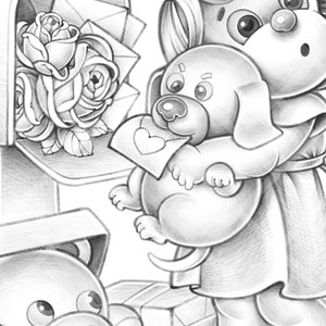 Joyeux anniversaire - Page de coloriage en niveaux de gris imprimable - Page de livre de coloriage mignon animal chien ours en peluche cadeau jouet bouquet de fleurs boîte aux lettres PDF JPG