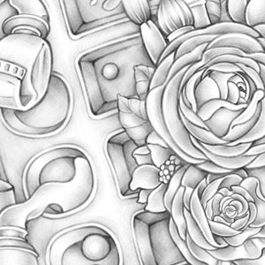 Floral Palette - Graustufen Malseite Printable Erwachsene Malbuch Seite Rose Aquarell Tube Pinsel Bouquet Palette PDF sofortiger download