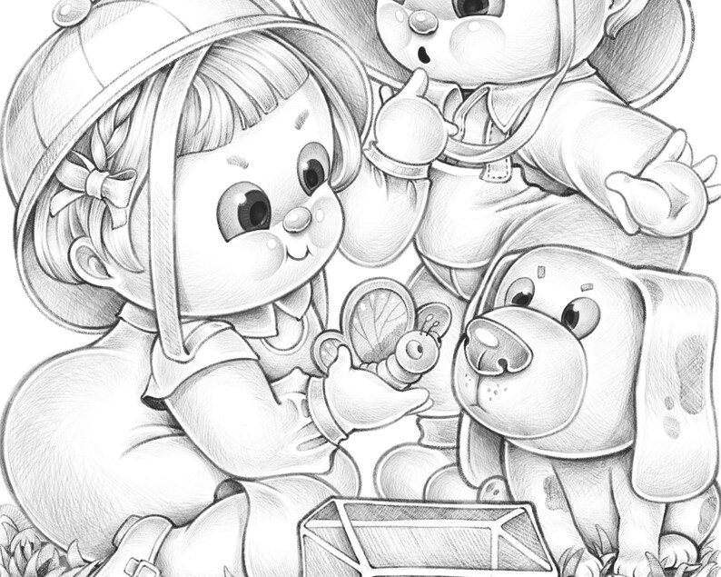 Little Adventure - Cute grayscale coloring pages for adults and kids - Printable love couple boy and girl country scenery dog animal insect