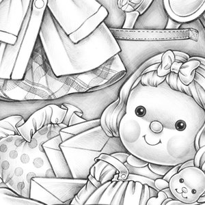 Doll Trunk - Coloring pages for adults and kids - Cute coloring page - Digital stamp - Children book illustration dress letter beauty case