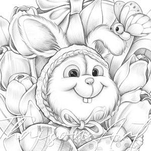 Pasqua subdola - Pagina da colorare coniglietto PDF - Pagina da colorare cartolina carina per adulti e bambini, pagine da colorare in scala di grigi, stampa stampabile coniglio