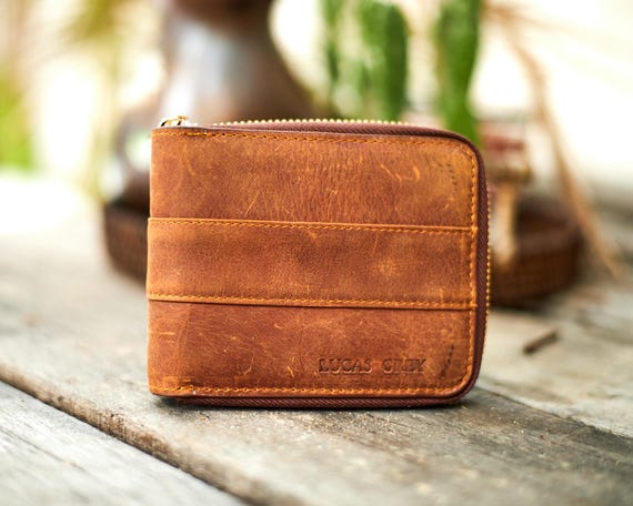 パーソナライズされた財布。ジッパー付き財布。ブラウンレザー財布