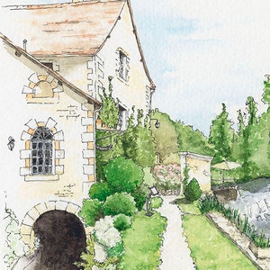 Verteuil Une, Verteuil, France - Watercolour and Ink style print
