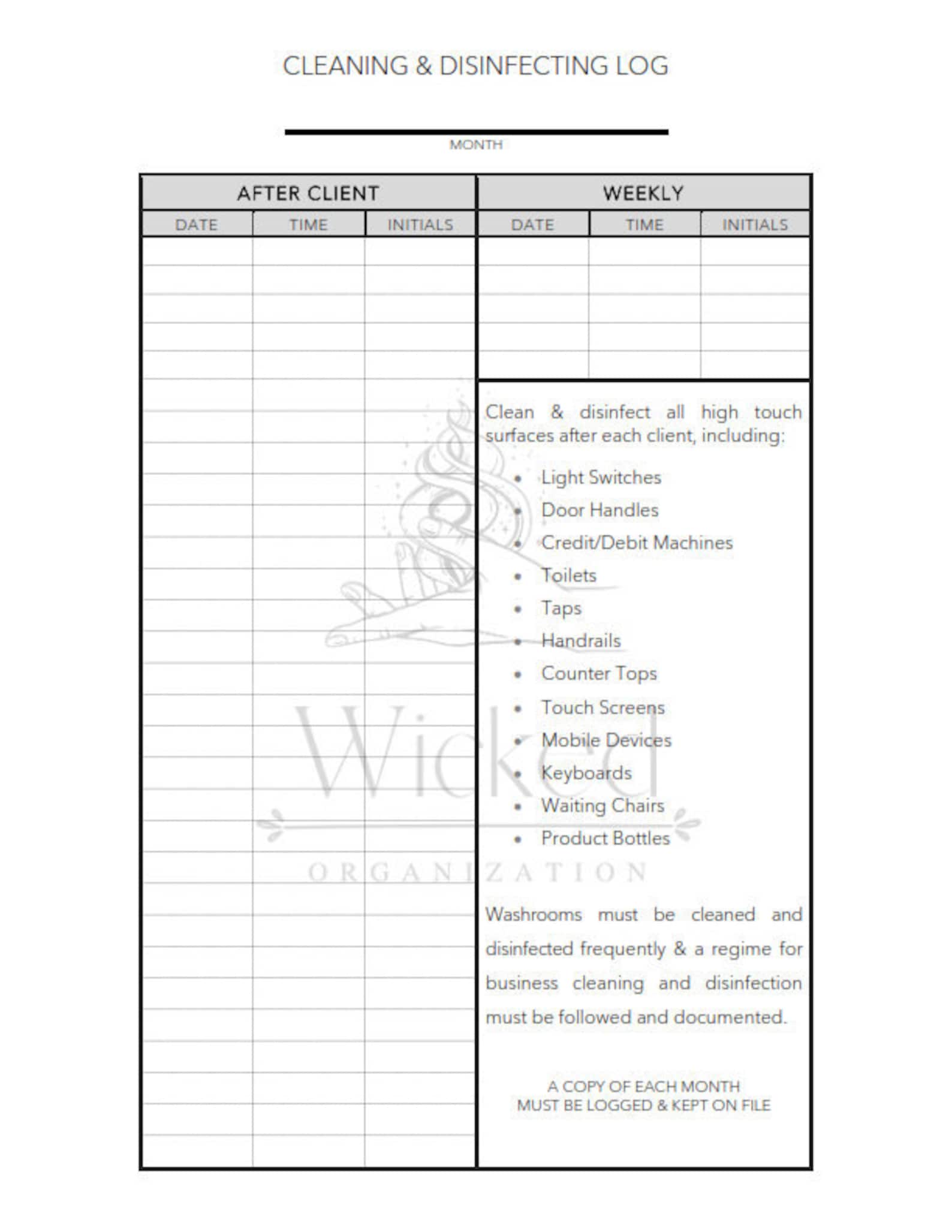 Printable High Level Disinfection Log Sheet