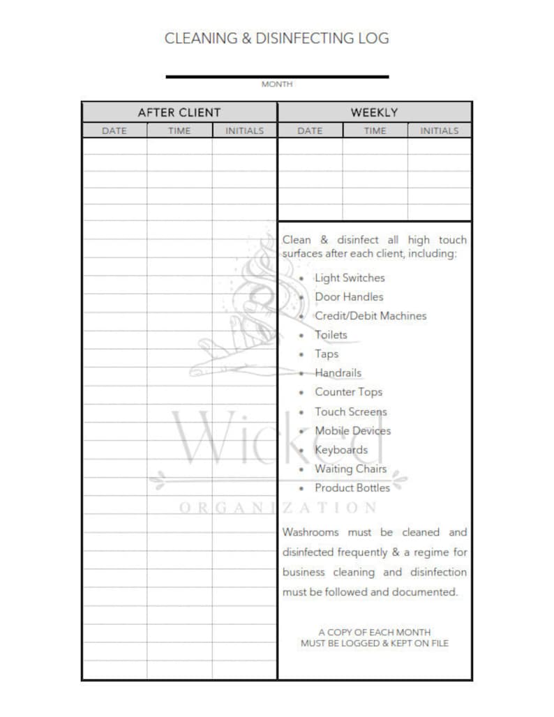 Printable Cleaning &amp; Disinfecting Log - Etsy
