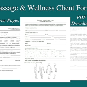 May include: Three-page PDF document with forms for massage and wellness clients. The forms include sections for health information, accident and injury information, massage information, and massage therapy treatment. The forms also include a body diagram for clients to circle areas of discomfort.