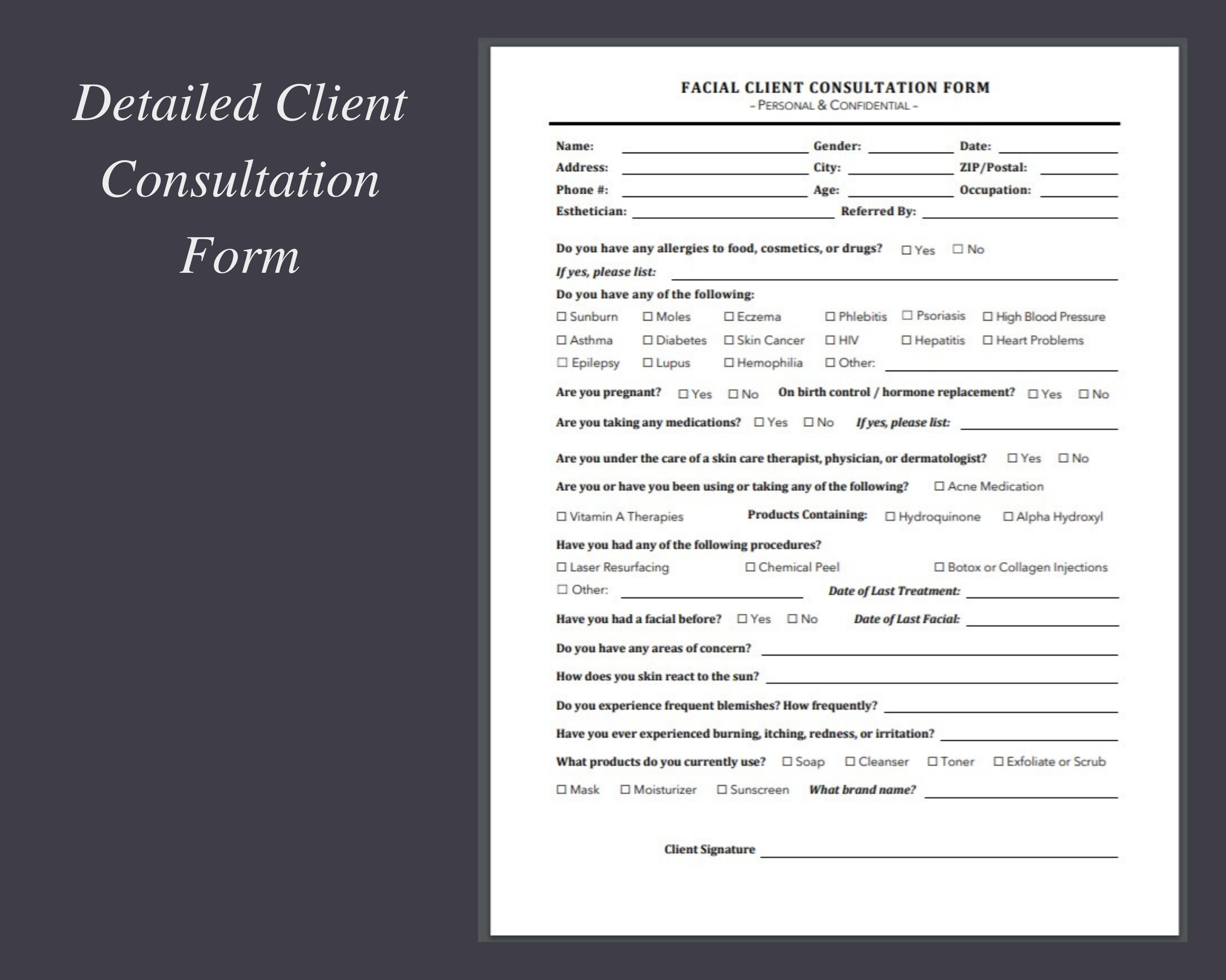 Facial Client Form Facial Client Forms for Esthetician & Spa - Etsy