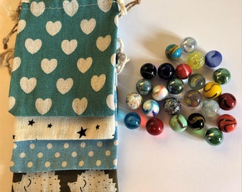 25 x Mixed Glass Marbles in Pretty Cotton Pouch