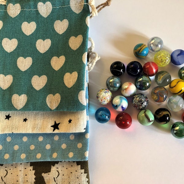 25 x Mixed Glass Marbles in Pretty Cotton Pouch