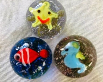 Handmade Glass Marbles- 22mm "UNDER THE SEA" exquisite collection x 3