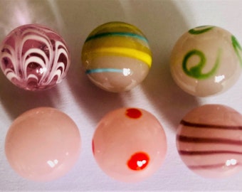 Collection of 6 unusual Pink Hand made Glass Marbles 16mm