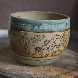 May include: A ceramic bowl with a light beige base and a turquoise rim. The bowl features etched designs of plants, mushrooms, and snails. The rim has several small holes. The bowl is sitting on a wooden surface.