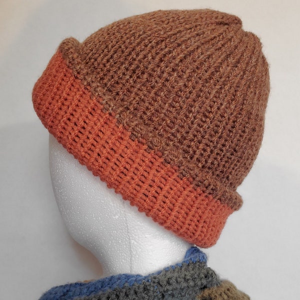 Winter Beanie, Double Knit, Unisex, Reversible Hat, Orange and Brown, Terra Cotta and Tweed Rust, Cleveland, Browns, Dog Pound