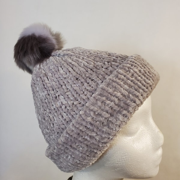 Super Soft Velvet Winter Beanie with Pom Pom, Vel-Luxe Chenille Yarn in Silver Color, Perfect for Sensitive Skin, Alopecia, Hair Loss