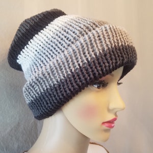 Small Winter Beanie, Double Knit Boy or Girl Hat Unisex Ski Hat Newspaper Stripes, Black, Gray, White