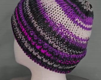 Striped Double Knit Beanie: Purple, Black, Grey, White - Small Slouchy Hat