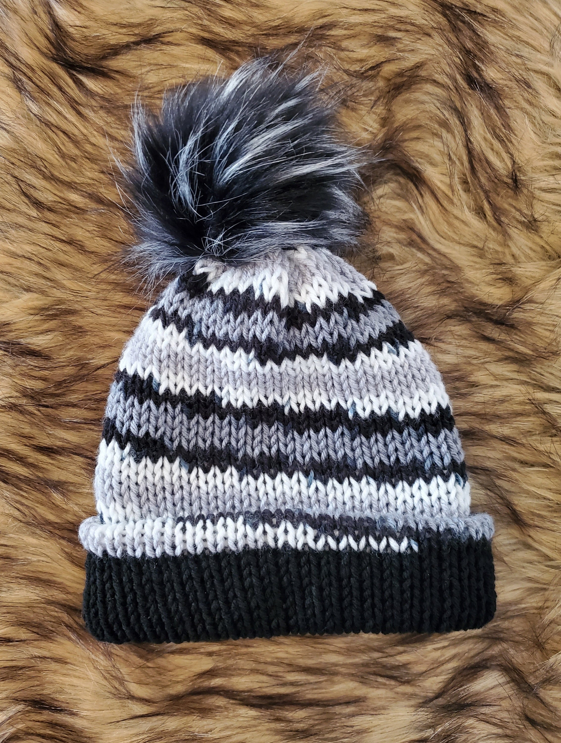 Yin Yang Beanie, Black Striped Winter Beanie With Black Pom Pom