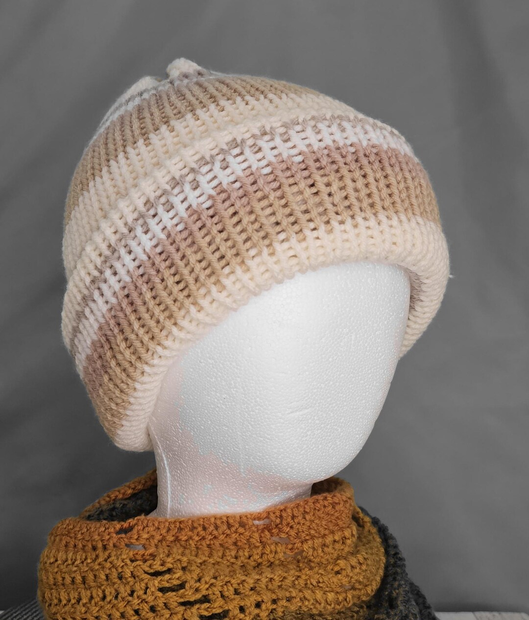 Striped Double Knit Beanie Hat: Brown, Tan, Cream, White - Slouchy